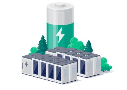 Rechargeable battery energy storage stationary for renewable power plant. Isolated vector illustration on white background.